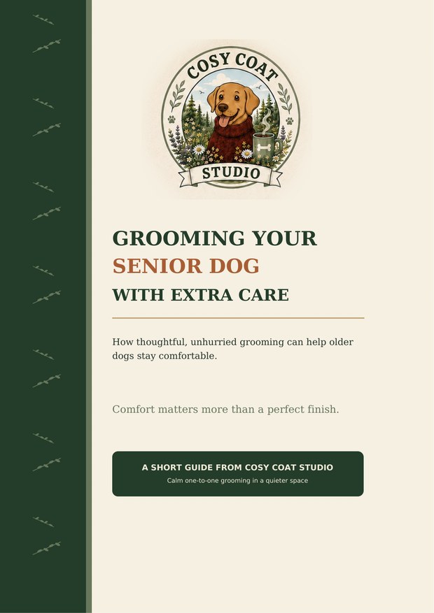 Cover of the Cosy Coat Studio guide to grooming your senior dog with extra care
